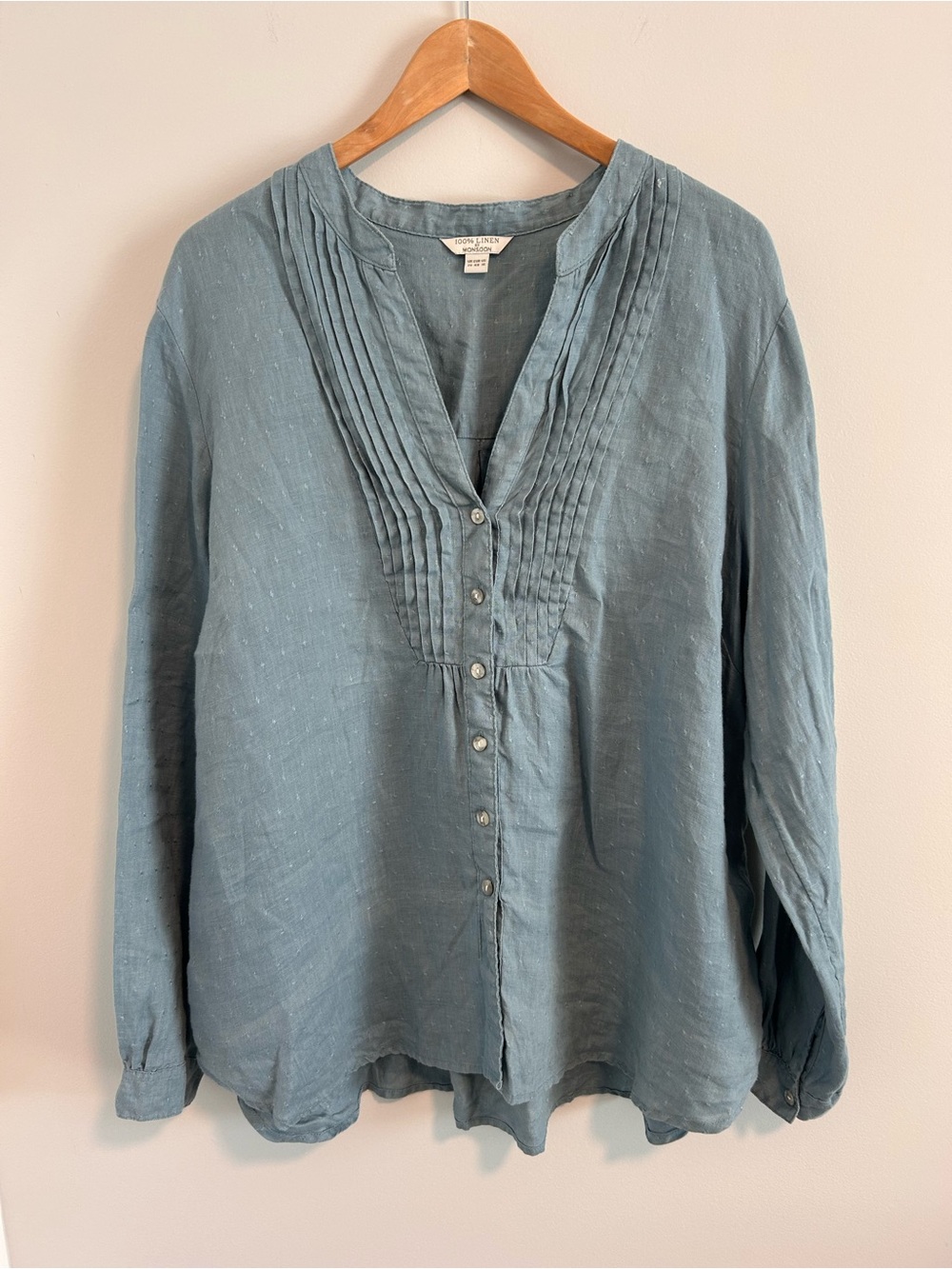 Monsoon 100% Linen Blue Pintuck Button Front Blouse UK Size 20 / US Size 16